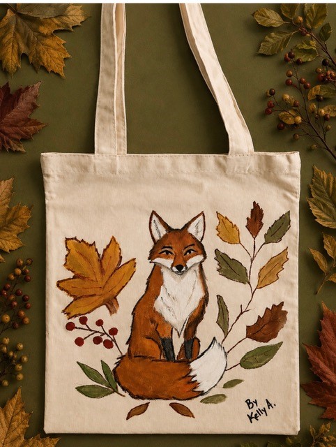 Image of a canvas tote bag with a hand painted red fox design.